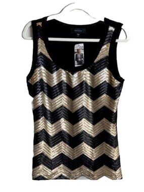 Women's Sequin Tank Top Black Gold Chevron Sleeveless Party Blouse Sparkly